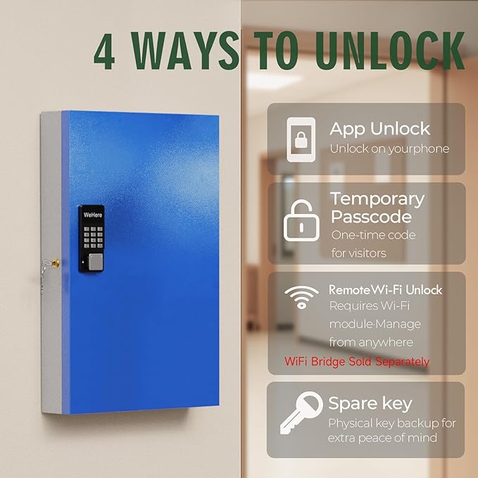 WeHere 96 Key Lock Box(Plus) Wall Mount, APP Bluetooth/OTP/Wi-Fi Remote/Fixed Code/Key Unlock, Smart Key Cabinet Organizer Holder Box, Key Management Directory for Apartment, Hotel, Office,House