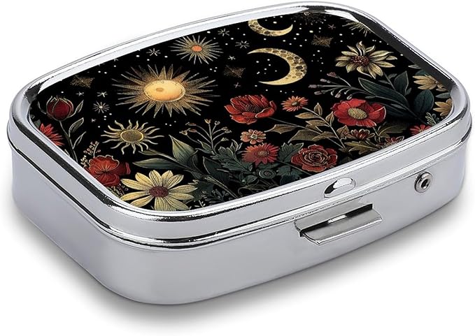 Metal 2 Compartment Pill Organizer Travel Friendly Portable Compact Pill Box Cute Pill Case,for Pocket Wallets Daily Portable Medicine Vitamin Tablet Storage (The Dark Night)