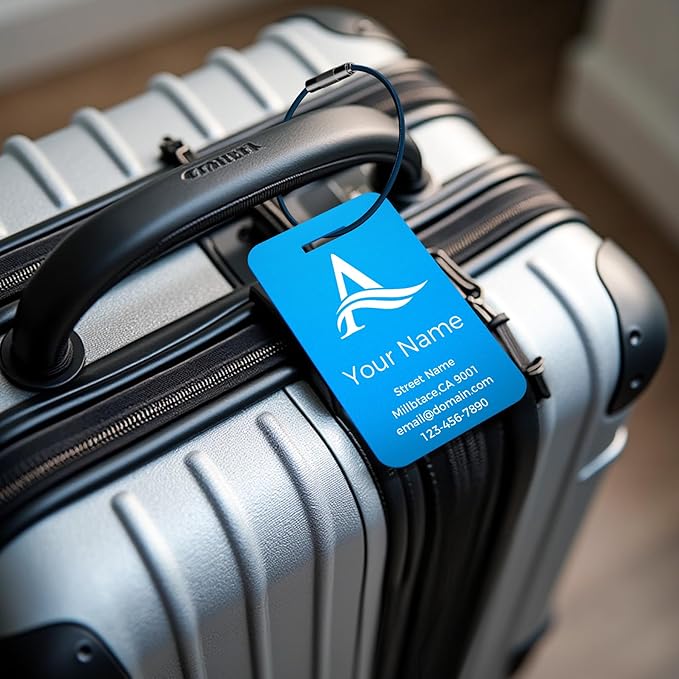 Personalized Luggage Tags, Custom Luggage Tags 4 Pack TSA Approved Double Sided Laser Engraving, Metal Luggage Tag for Suitcases with Stainless Loops, Name Tag for Bags, Backpacks (Blue)