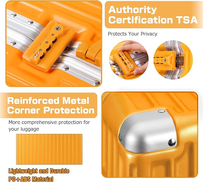 AnyZip Luggage PC+ABS Aluminum Frame Zipperless Checked Luggage Hard Shell Suitcase with TSA Lock Double Spinner Wheels 24 Inch Orange
