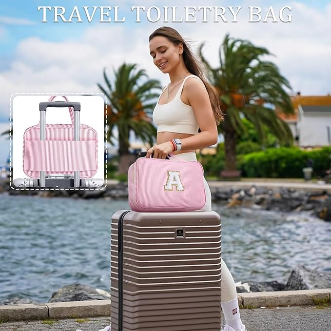 YOOLIFE Travel Toiletry Bag for Women - Hanging Toiletry Bag Makeup Bag, Portable Toiletries Cosmetic Bag, Airplane Travel Essentials - Letter V, Pink