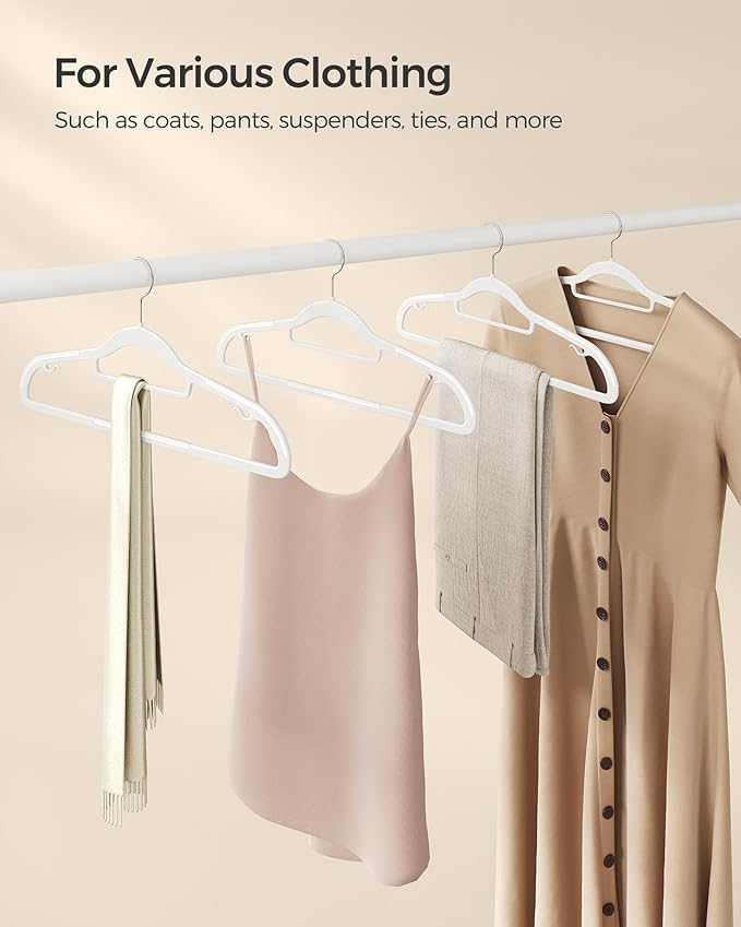 SONGMICS Pack of 50 Coat Hangers, Space-Saving Plastic Clothes Hangers, Non-Slip, 0.2 Inches Slim, 16.5 Inches Wide, 360° Swivel Silver Hook, White UCRP20WT50