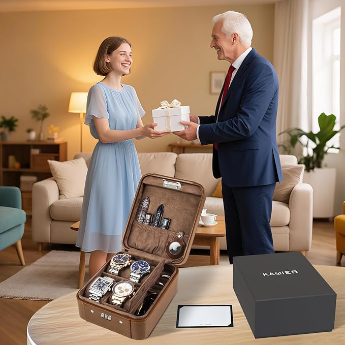 KAMIER Watch Case with Combination Lock - 4 Watch Storage and Jewelry Organizer - Watch Travel Case for Ring and Watch Storage, PU Leather Travel Watch Case, Ideal for Gift (With Gift Box), Brown
