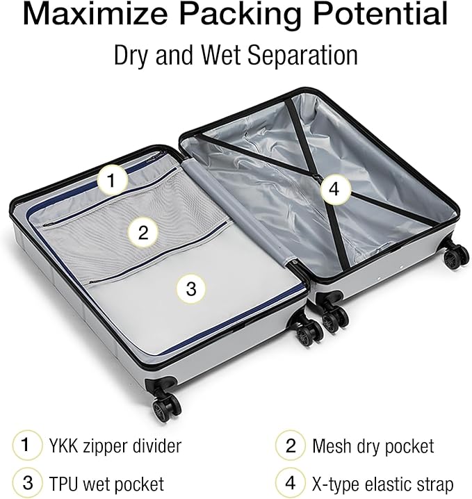 KYME Suitcases with Wheels Hardshell 30 Inch Luggage TSA Approved Large Checked Luggage Durable Travel Rolling Suitcase with Cup Holder for Women Men Silver Grey