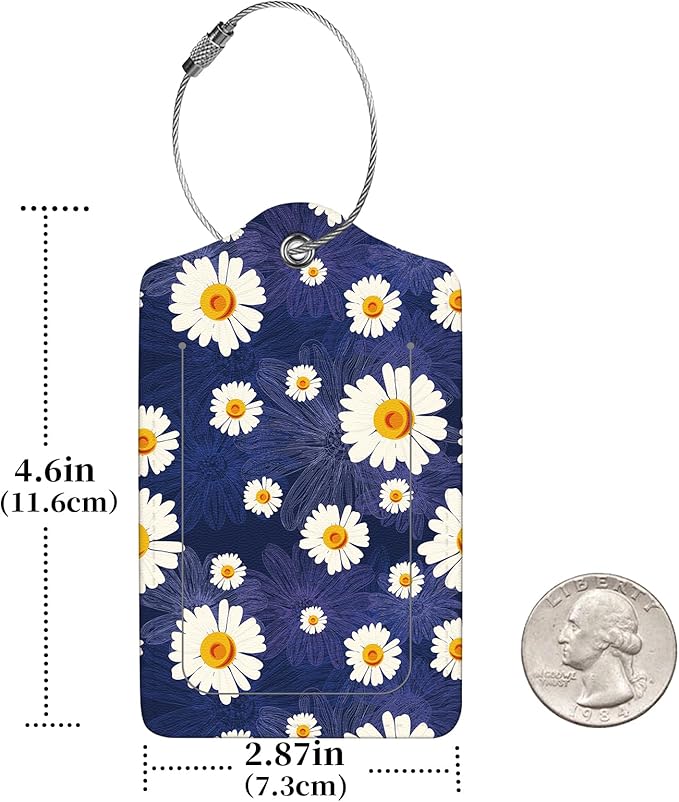 2 Pcs Luggage Tags for Suitcase, Cute Unique PU Leather Travel Bag Tag with Privacy Cover ID Label Address Card and Durable Metal Ring Suitable for Men Women Children Backpack,White Daisy