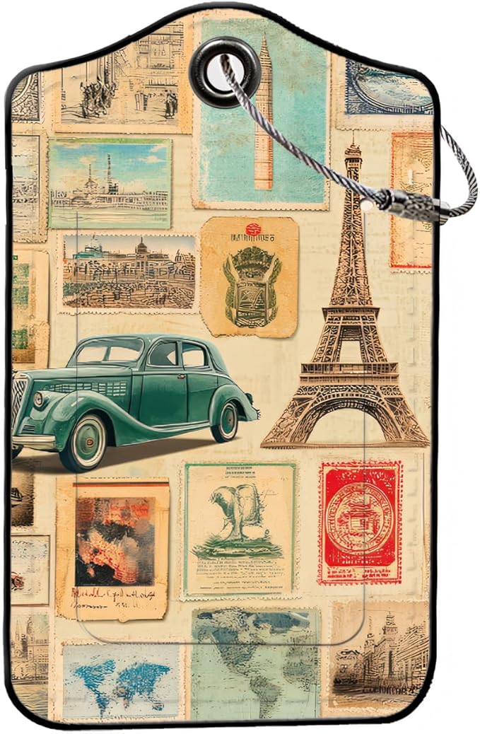 Luggage Tags for Suitcases, 2-Pack PU Leather for Cruise & Travel, Baggage ID Tags with Privacy Cover & Address Card, Durable Metal Ring, Kids Adults Travel Accessories, Vintage Travelogue