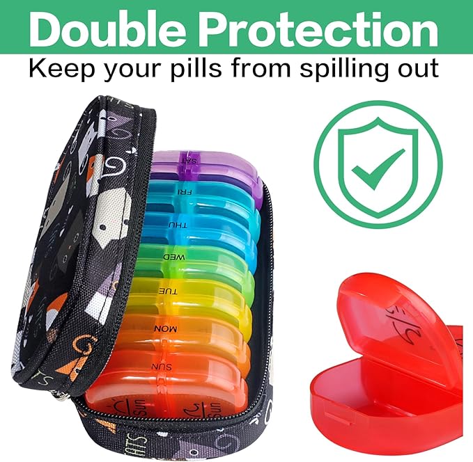 Serfeymi Weekly Travel Pill Organizer 2 Times A Day AM PM Upgraded Rainbow Pill Box 7 Day with Portable Zipper Canvas Pill Case, Medicine Organizer for Pills, Vitamins, Fish Oils - Black 02