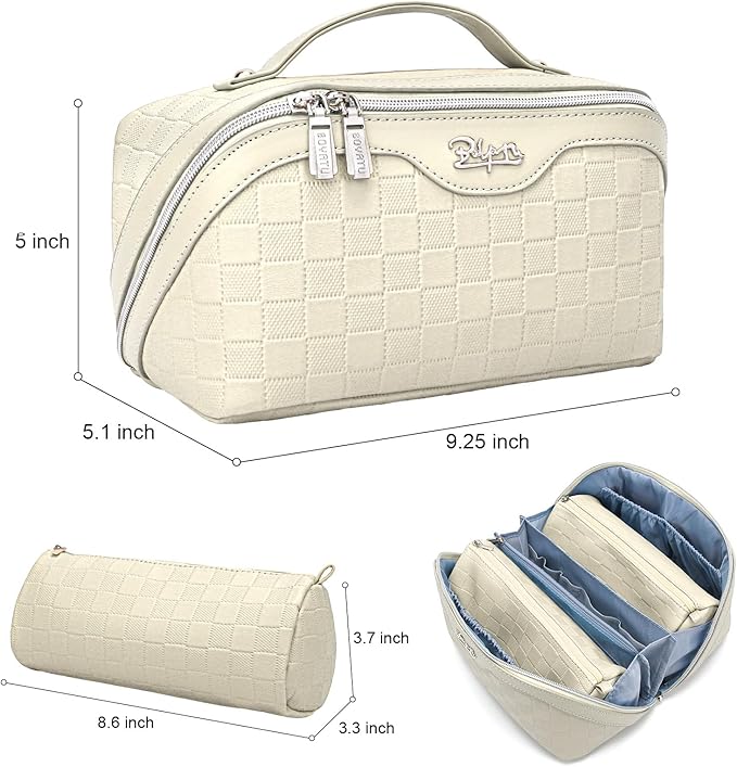 Travel Makeup Bag Organizer Cosmetic Bag: 3 Pcs Set Make up Bags for Women with Handle - Waterproof Vegan Leather Toiletry Bags with Comparments (C-04-Beige)