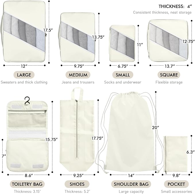 WVM Packing Cubes for Travel, 8 Set Luggage Organizer Bags with Shoe Bag, Toiletry Bag & Laundry Bag, Travel Accessories Essentials Packing Organizer, Beige