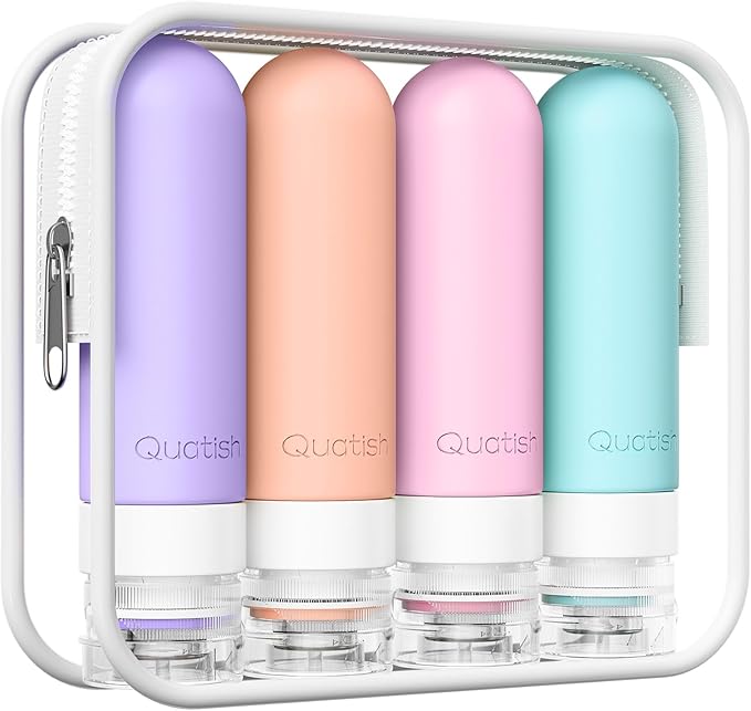 Quatish Travel Bottles for Toiletries, Original Patented Leak Proof Travel Size Toiletries, 3 oz Tsa Approved Silicone Shampoo and Conditioner Bottles, Travel Essentials, 4 Pack, Pink