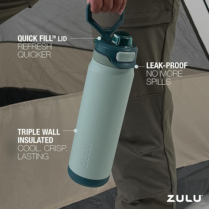 ZULU Powerfill Pro 40oz Stainless Steel Water Bottle with Quick Fill Lid, Triple Walled Vacuum Insulated Metal, Leak Proof Locking Lid, Sip and Chug, Reusable BPA Free, Evergreen