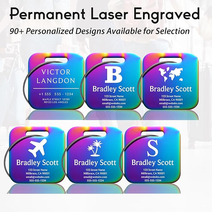 Customizable Stainless Steel Square Luggage Tags, Personalized, Metal, Suitcase, Bag, TSA Approved, Travel, Custom Text, Laser Engraved, Classic Square, Multicolor, 1 Count