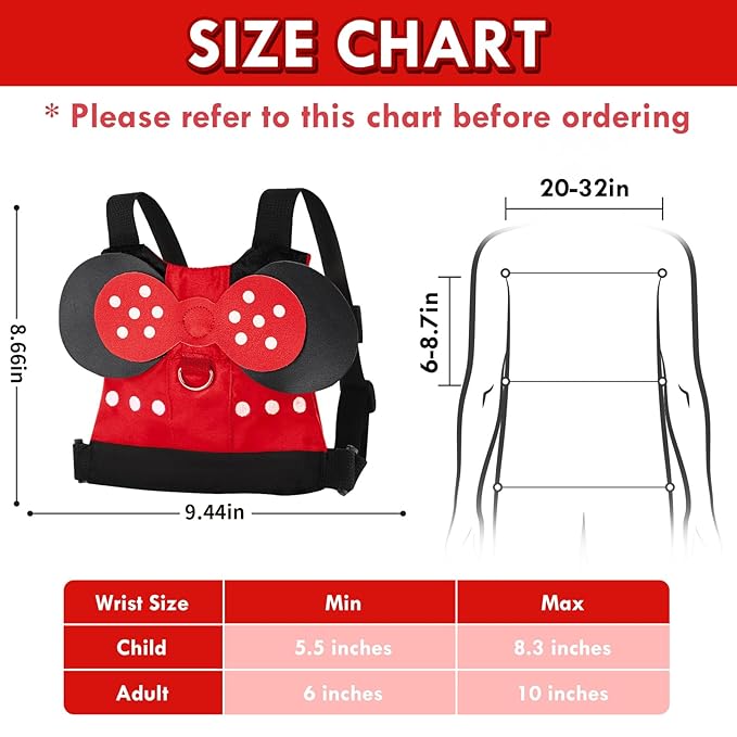 Lehoo Castle Toddler Leash for 1-5 Years, Baby Safety Harness for Girls with Anti-Lost Key Lock & Adjustable Strap, 3-in-1 Wrist Leash and Kids Backpack Harness for Walking Travel (Red Minnie Mouse)