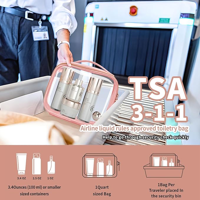 TSA Approved Travel Toiletry Bag,2 Pack Clear Makeup Bags with Handles,Quart Size Clear Cosmetic Bags for Traveling Women,Men,Carry on Airport Airline Compliant Bag,Pink