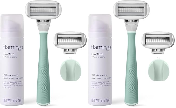 FLAMINGO 5-Blade Razors for Women - 1 Razor Handle + 1oz Foaming Shave Gel + 1 Shower Holder - Sage (Pack of 2)