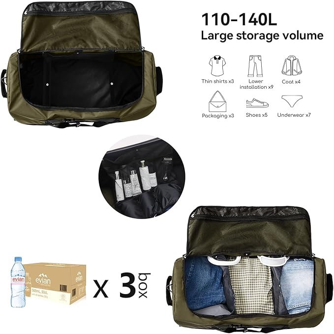 Rolling Duffle Bag with Wheels,110L/140L Expandable Soft-Sided Foldable Duffle Bag with 2 Rubber Wheels,Packable 32” Rolling Carry-On with Multi-Pockets & Compartments (Green)