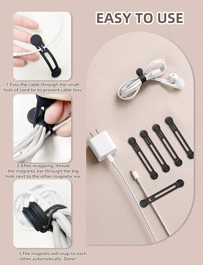 Silicone Magnetic Cable Ties, 4.72 Inch Upgraded Cord Ties With Magnet Cable Strap Cord Wrap For Travel Phone USB Charging Cable Management (8-Pack, Black)