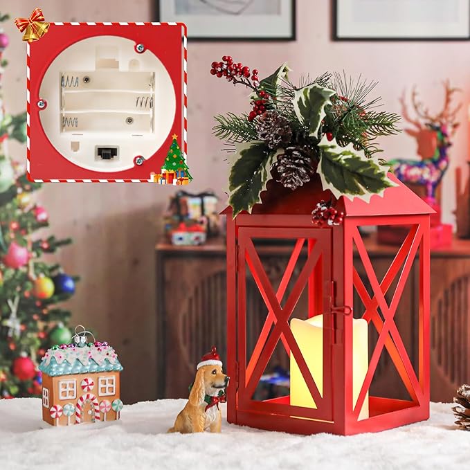 Christmas Lanterns Decorative Outdoor, Waterproof 14.2" Decorative Christmas Red Lantern Indoor Decor Metal Hanging Candle Holder LED Flameless Candle Lantern for Patio, Porch, 2 Packs