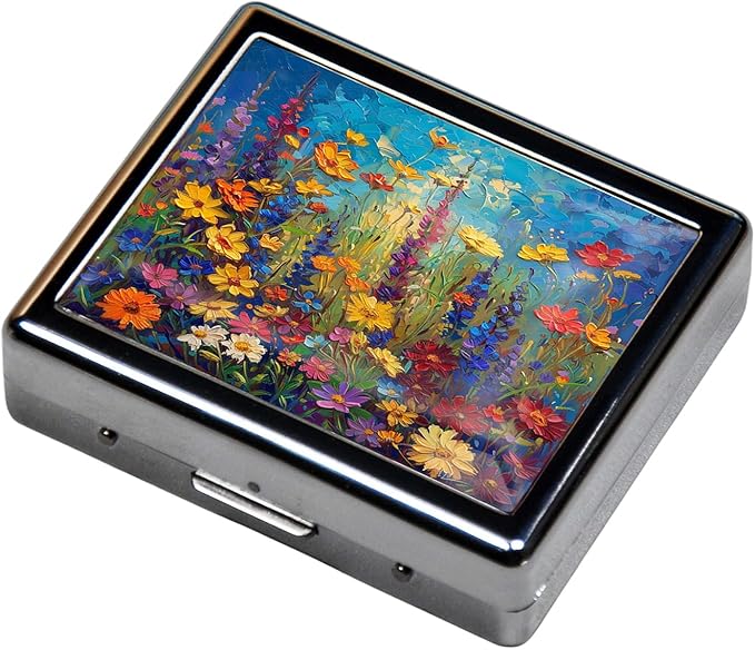 Cute and Portable Metal Pill Organizer – 8 Compartments, Elegant Chrome Finish, Ideal for Travel and Daily Use (Vibrant Wildflowers)