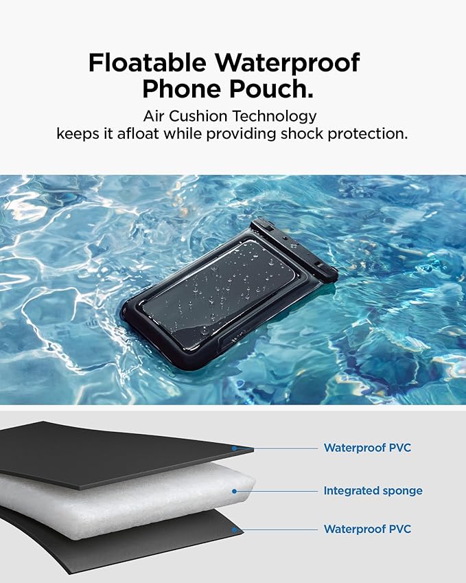 Spigen Aqua Shield 2 Pack Floating Waterproof Phone Pouch A611P for All Phones with Detachable Lanyard, Travel Essentials for Outdoors Activities, Kayak/Cruise/Beach - Black