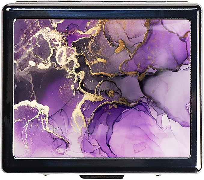 Silver Vintage Pill Box 7 Day Metal Pill Box with Mirror and 8 Compartments Cute Travel Pill Organizer for Purse (Purple and Golden Alcohol Ink Marble)