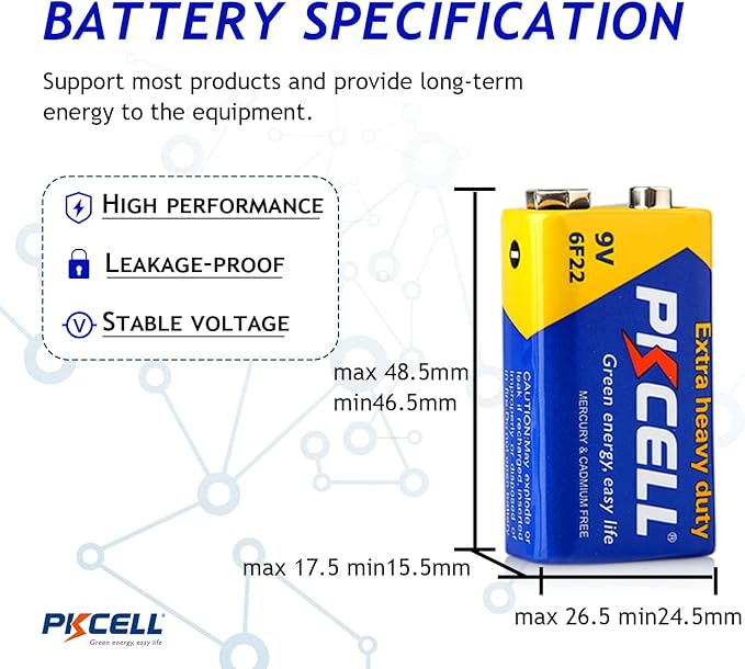 PKCELL 9V Battery Carbon Zinc for Smoke Detectors 6F22 Battery, 10-Year Shelf Life，Ultra Long-Lasting(4 Count)