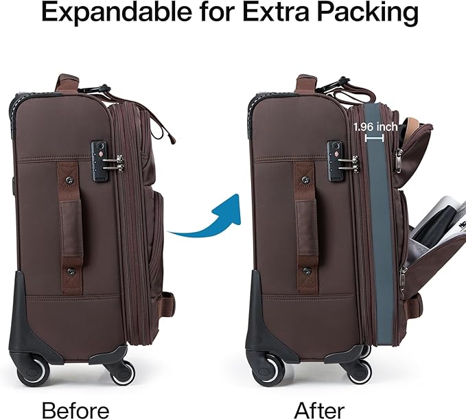 Hanke 20 Inch Softside Expandable Carry On Luggage with Spinner Wheels, Rolling Suitcase Travel Luggage with TSA Approved Luggage,Coffee