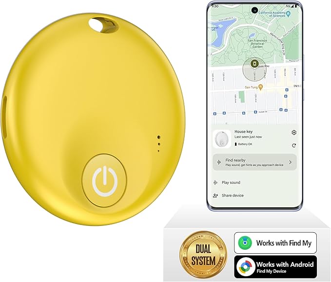 FindTag Duo - Dual System Tracker for iOS or Android, Bluetooth Tracking Tag/Key Finder/Luggage Tracker/Item Locator, Compatible with iOS Find My or Google Find Hub App (Yellow)