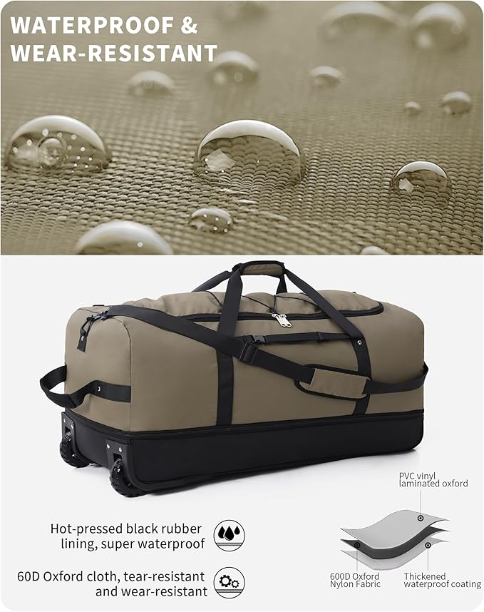 CONTAIL 32”110L Expandable 140L Rolling Duffle Bag with 2 Inline Wheels,Convertible Weekend Travel Bag with Bungee-Cord System,Army Green