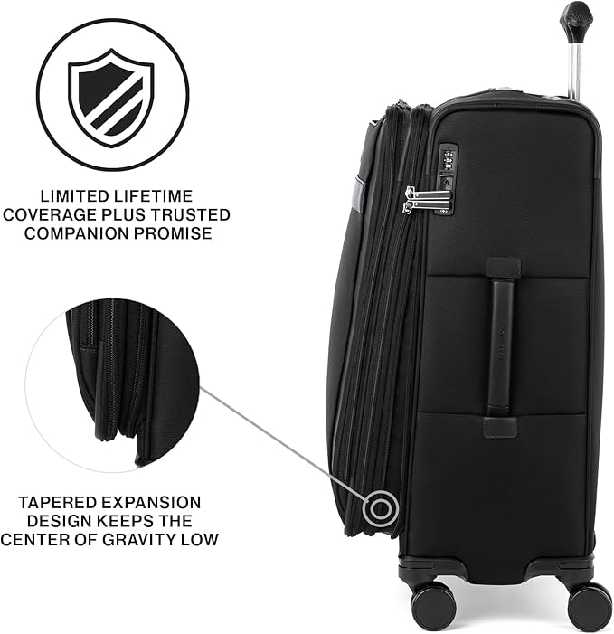 Travelpro VersaPack+ Lightweight Softside Expandable Checked Luggage, 8 Spinner Suitcase, TSA Lock, Men and Women, Checked Medium 25-Inch, Black