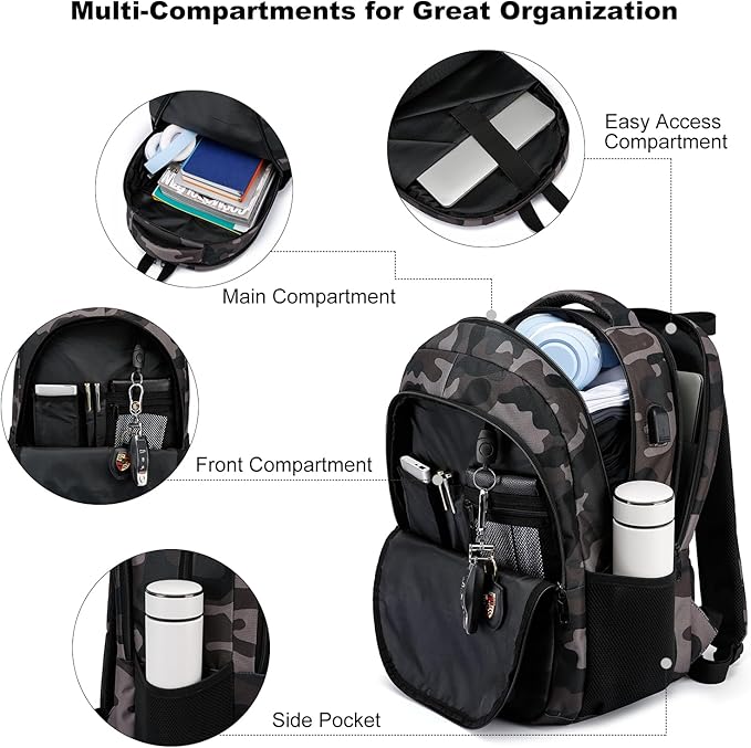 Backpack for Boys Men, School Backpack for Teens Girls, Lightweight Casual High School Bookbag, Daily-use Travel Laptop Backpack with USB Charging Port Fits 15.6 Inch Notebook