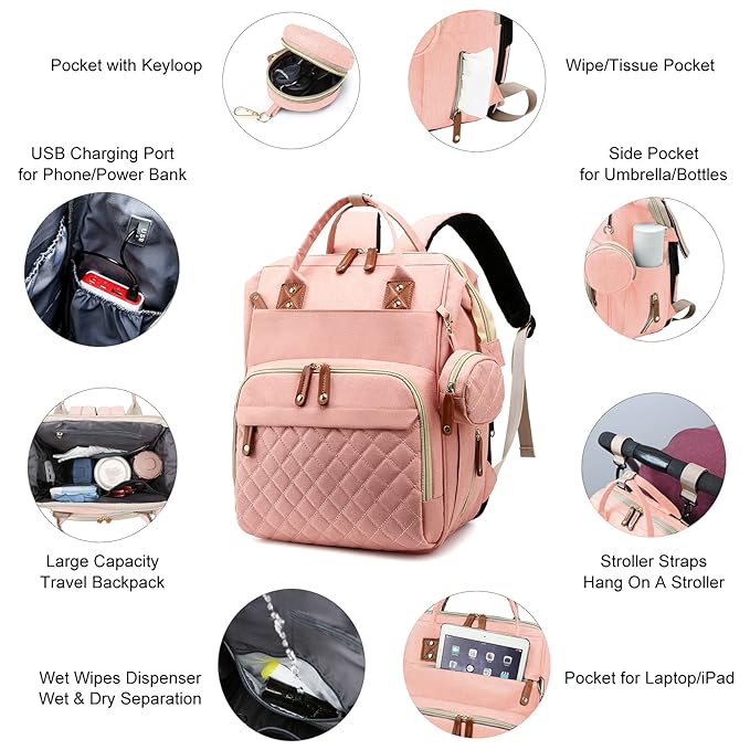 Diaper Bag, Backpack with Changing Station, Waterproof Baby Bag for Boys & Girls, USB Charging Port for Parents, Travel Backpack Baby Essentials & Lovely Baby Shower Gifts, Pink