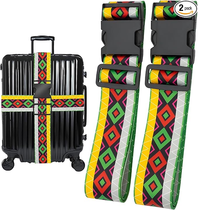 Geometric Arts Luggage Straps for Suitcases, Adjustable Luggage Travel Belt to Keep Luggage Security While Travel, Strong Polyester Fabric, Easy-to-Recognize Funny Pattern Travel Accessories, 2 Pack