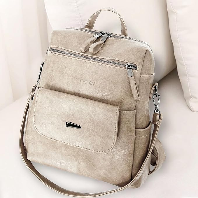 PU Leather Backpack Purse for Women Fashion Multipurpose Design Handbag Ladies Shoulder Bags Travel Backpack Beige
