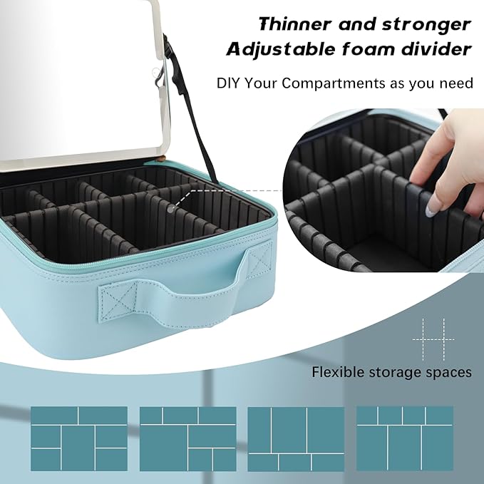 Makeup Bag with Led Mirror,Travel Makeup Organizer with 3 Color Setting, Portable Storage and Adjustable Dividers Travel Makeup Bag(baby blue)