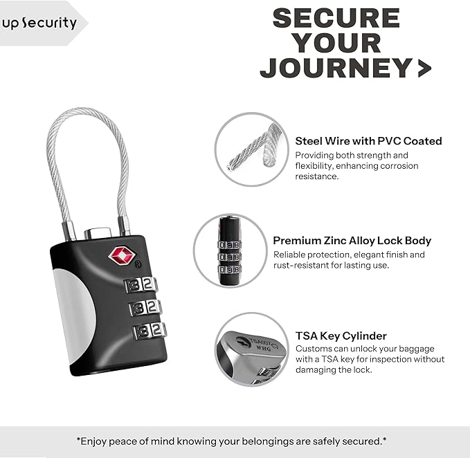 TSA Approved Luggage Locks - Small Combo Travel Padlock with Cable, TSA 007 Suitcase & Backpack Security, Durable & Easy to Use (Black+Silver)