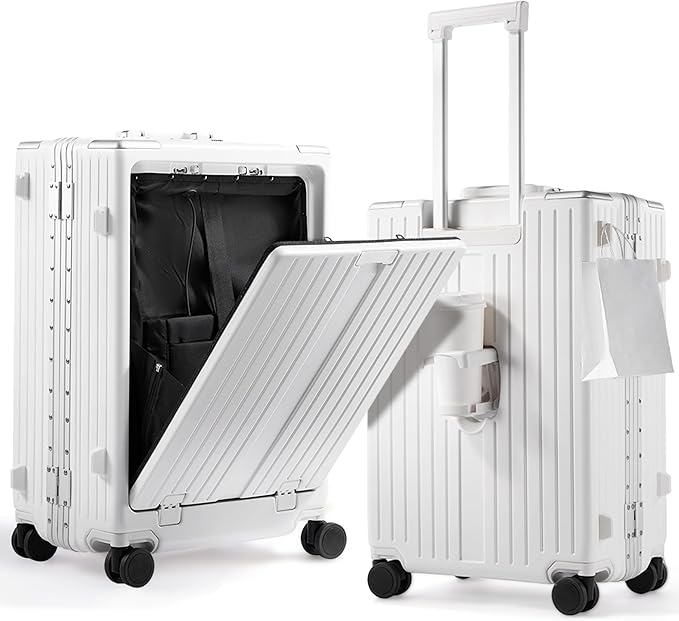 UrbanExplorer 20 Inch Carry On Luggage TSA Approved, Aluminum Frame Zipperless Luggage Carry On with Compartment for Short Trips, ABS+PC Hard Shell Suitcases with Spinner Wheels, White