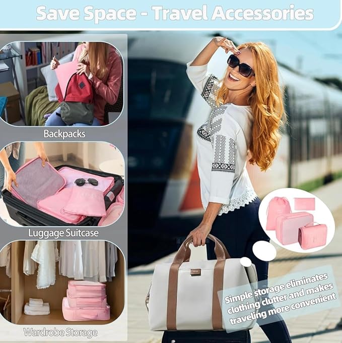 9 Set Packing Cubes for Suitcases, Aydicon Travel Luggage Packing Organizers with Laundry, Toiletry Bag, Compression Storage Shoe Bag, Toothbrush Case, Travel Essentials (Pink)