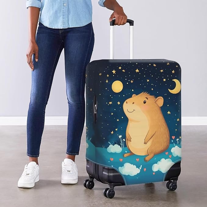 Capybara Suitcase Cover Cute Luggage Cover Protector Invisible Zipper Closure Travel Luggage Protector Fit 22-25 Inch Anti-Scratch Stretchable Suitcase Protector, Moon and Star