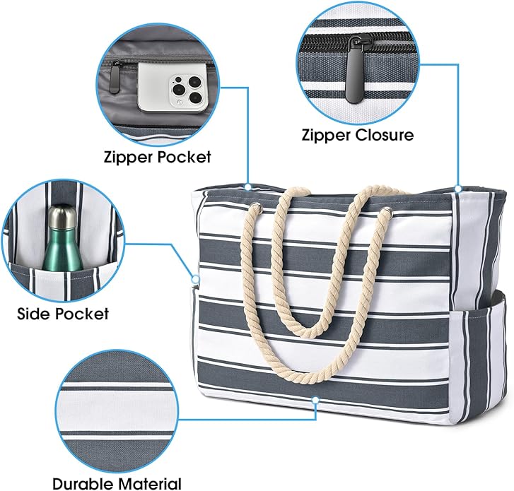 Becokan Beach Bags for Women Large Waterproof Beach Tote Bag Zipper Beach Bags Waterproof Sandproof Swim Pool Bag Large Tote