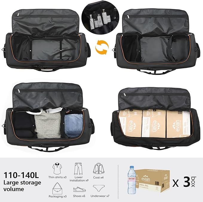 CONTAIL 32" Soft-Sided Rolling Duffle Bag with 2 Wheels,Expandable from 110L to 140L, Foldable Travel Duffel with Multiple Compartments,Black-orange