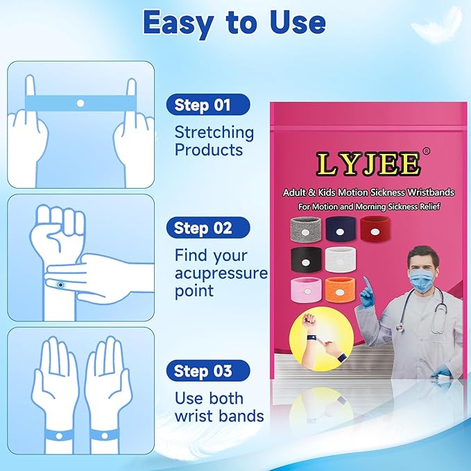 LYJEE 5 Pairs Motion Sickness Bands, Nausea Wristbands for Car Sickness, Relief Wristbans for Mornig Sea Flying Travel