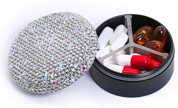 Small Pill Case 3 Compartments, Metal Round Portable Pill Box, Waterproof Travel Pill Organizer, Pocket Purse Medicine Vitamin Holder EDC Container (Black with Rhinestone)