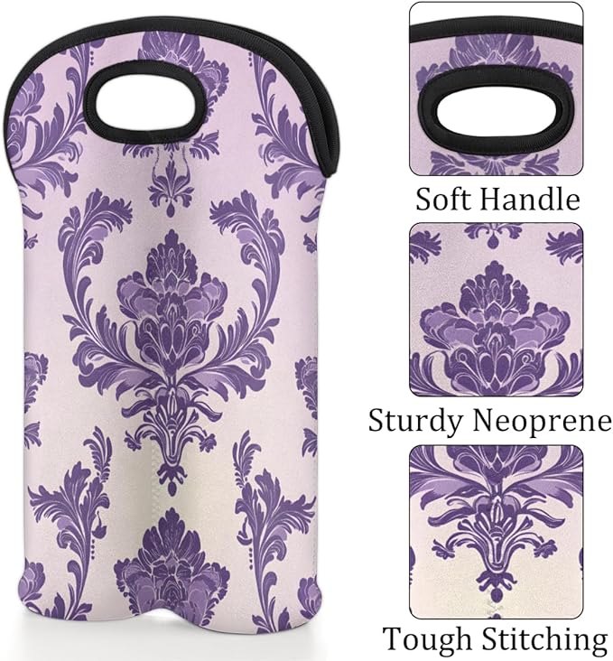 Neoprene Wine Tote, Bottle Carrier Gag Insulating Neoprene Thicker, Insulated Wine Bag for Travel Holds Two Bottles, Bottle Carrier Bags Protect the Bottles, Purple Totem