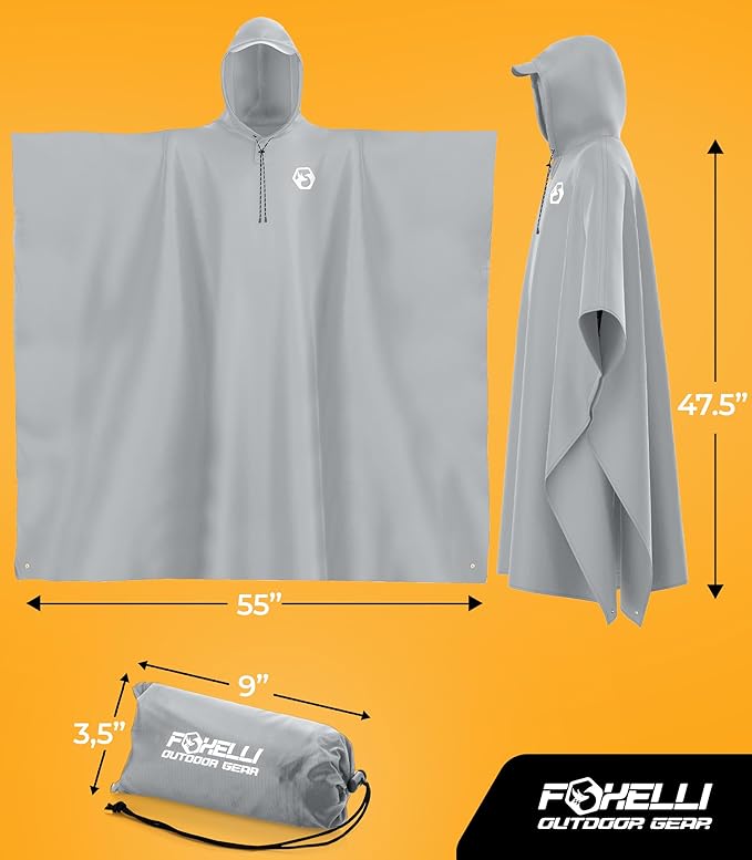 Foxelli Rain Poncho for Adults – Extra Long Reusable Waterproof Raincoat with Hood, Lightweight for Hiking, Camping, Outdoors
