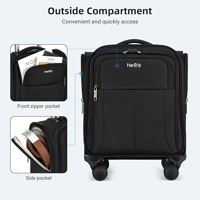 16 Inch Underseat Carry On Luggage with Wheels Softside Small Suitcases Personal Item Bag with Pocket Travel Luggage for Men Women Business Overnight Bag(Black)