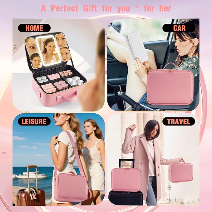 Mid-Size Makeup Bag with LED 1X5X10X20X30X Magnifying Mirror and Travel Makeup Train Case Cosmetic Organiser with Mirror and Separate Makeup Brush Panel, Portable Adjustable Divider, Pink