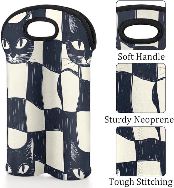 Neoprene Wine Tote, Bottle Carrier Gag Insulating Neoprene Thicker, Insulated Wine Bag for Travel Holds Two Bottles, Bottle Carrier Bags Protect the Bottles, Checkered Cat