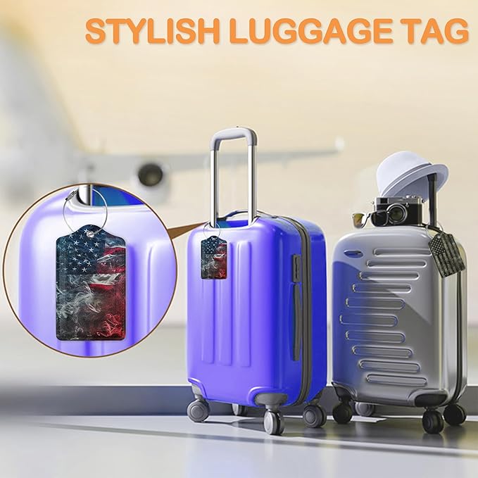 Vintage American Flag 3 Pack Luggage Tags for Suitcases, Smoky US Flag Art PU Leather Luggage Tag for Travel, Bag Tags with Privacy Name ID Card and Steel Loop for Women Men
