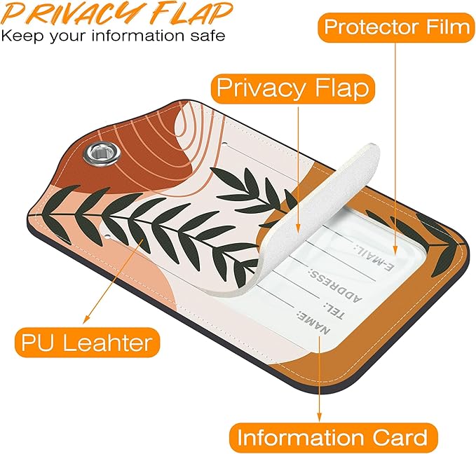 Boho Abstract Leaves Luggage Tag for Suitcase 2 Pack Leather Luggage Tag with Privacy Flap Name ID Label and Metal Loop for Women Men Travel